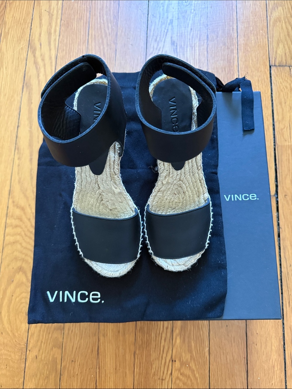 Vince Black Leather Espadrille Ankle-Strap Sandals